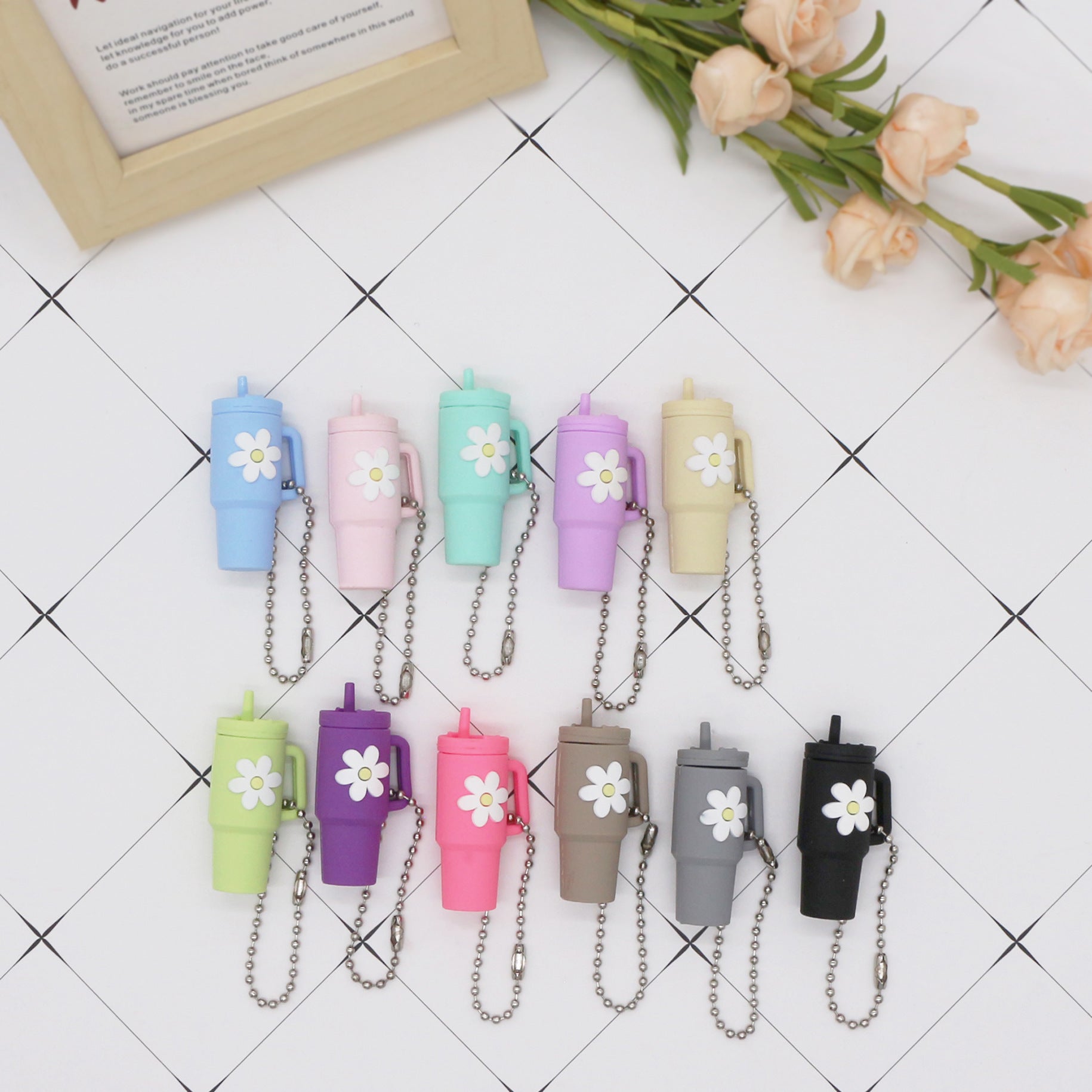 Wholesale Soft Rubber Keychain Flower Milk Tea Cup Small Pendant Cup Accessories